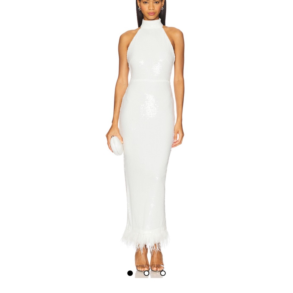 REVOLVE White Sequin Halter Backless Feather-Hem Gown